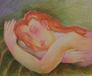 Katrien caymax   in slaap gevallen onder de noteboom