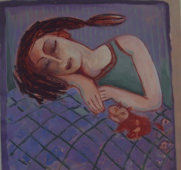 Vrouw met kat pastel